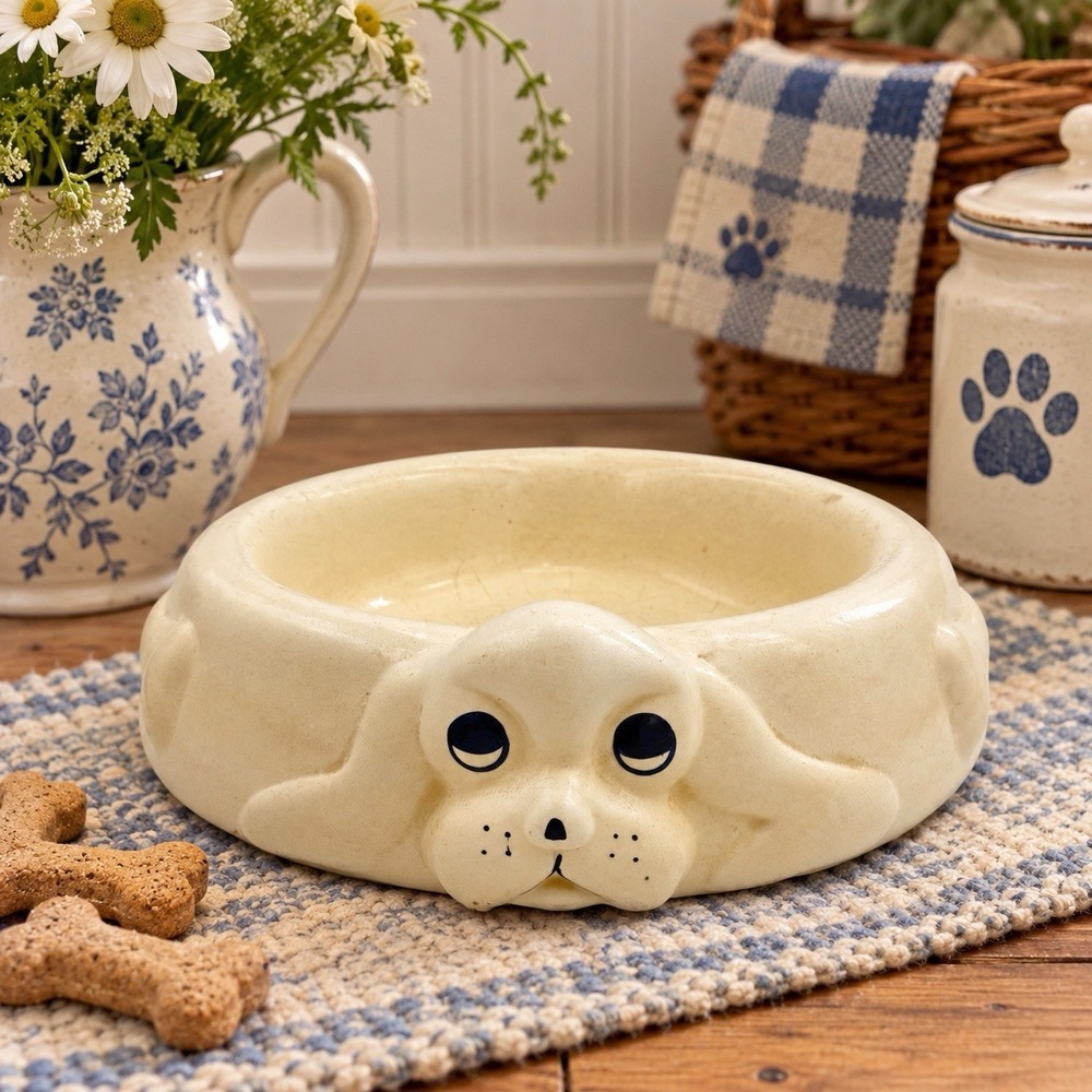 Vintage Ceramic Puppy Dog Food/Water Bowl, White w/Blue Eyes, Lillian Vernon